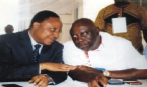 SSG Rivers State Hon George Feyii (left) chatting with the outgoing State Chairman of Nigeria Labour Congress Comrade, Oruge Chris during the 11th delegates confernece last Thursday at Hotel Presidential, Port Harcourt.         Photo: Obina Prince Dele