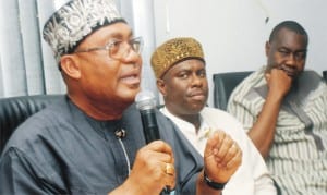 L-R: Rivers APC Chairman, Mr Davies Ibiamu, governorship candidate, Hon Dakuku Peterside and Sen.Magnus Abe, at a news conference on the last general elections in Rivers State, yesterday