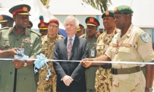 L-R: Chief of Army Staff, Lt.-Gen. Kenneth Minimah, German Ambassador to Nigeria, Mr Micheal Zenner and Commandant, 1 Div., Maj.-Gen. Kenneth Osuji, at the inuaguration of Nigerian Army Peace-keeping Medical Centre in Jaji, Kaduna State, Monday