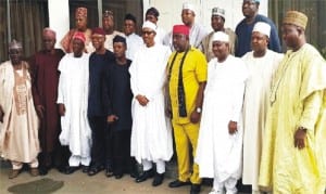 President-elect, Muhammadu Buhari (5th right), his Vice, Prof Yemi Osinbajo (5th left), and some APC governors during the visit to Buhair, yesterday in Abuja