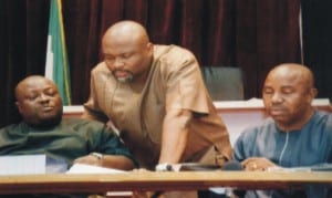 Speaker, Rivers State House of Assembly, Rt Hon Otelemaba Amachree (left ) listen to the Leader of the House, Hon Chidi Lloyd (middle) Deputy Clerk of the House, Mr Lekie Damnu (right) at the sitting of the House last Wednesday .        		        			            Photo: Chris Monyanaga