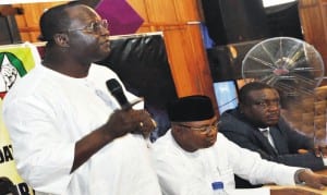  From Right: Nlc President, Comrade Ayuba Wabba, Deputy President, Comrade Peters Adeyemi and Secretary, May Day Organising Committee, Mr Benson Upah, at the 2015 May Day Symposium in Abuja on Thursday