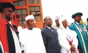 From Left: Convocation lecturer, Dr Joseph Odumodu, Pro-chancellor, Enugu State University of Science and Technology (Esut), Dr Chilo Offia, Minister of Power, Prof. Chinedu Nebo, Chancellor, Amb. Hassan Adamu and Vice Chancellor, Prof. Cyprian Onyeji,  at Esut 26th Convocation Lecture in Enugu  last Saturday