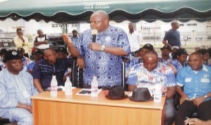 Rivers State factional Chairman of NLC, Comrade William Addah (middle), addressing civil servants, during Workers Day celebration Port Harcourt last Friday. With him are Rivers State NLC Vice Chairman and NUPENG, Port Harcourt Zonal Vice Chairman, Comrade Charles Eleto, (right), Auditor 1 NLC and State Chairman, AUPCTRE,Comrade Henry Urombo (2nd (right), National Vice President of Aupctre, Comrade Evans Olunuo (2nd left) and Comrade Adekeye L. Johnson.               Photo: Egberi A. Sampson