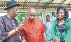 L-R: Gbenemene of Tai Kingdom, King Godwin Gininwa, representative of the governor, Mr Dickson Umunnakwe and the state Coordinator, National Youth Service Corps, Mrs Ngozi Nwatarali, at the swearing-in ceremony of 2015 Batch 'A' Corps members in Port Harcourt, yesterday