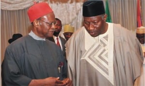 President Goodluck Jonathan (right), with the Chairman, Presidential Advisory Council on International Relations (PACIR), Chief Emeka Anyaoku, after a breakfast meeting with President Jonathan at the Presidential Villa in Abuja last Tuesday