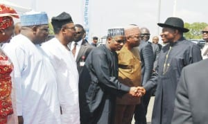 L-R: Minister of State for fct, Oloye Olajumoke Akinjide, Senator representing fct, Sen. Philip Aduda, chairman, Senate Committee on fct, Sen. Smart Adeyemi, Minister of fct, Sen. Bala Mohammed and the Chief of Staff, Brig.-Gen. Jones Arogbofa, welcoming President Goodluck Jonathan to the official inspection of Umaru Musa Yar'Adua express road project (airport road) in Abuja. Photo: NAN