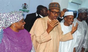 L-R: APC Taraba gubernatorial candidate, Sen.Aisha Alhassan, President-elect, Gen. Muhammadu Buhari, Chairman of APC in Taraba State, Alhaji Jika Hassan and Chief Whip, Rep Ishala Baurau during their visits to the President -elect, Gen. Muhammadu Buhari in Abuja last Wednesday 