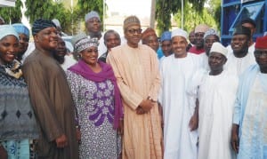 President-elect, Maj.-Gen. Muhammadu Buhari (2nd right), APC Taraba State governorship candidate in the April 11 election, Senator Aisha Alhassan (3rd left) and other delegates, during thier visit to the president-elect in Abuja, last Wednesday