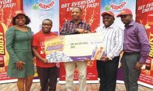 L-R: Communications and Engagement Manager, GSK Consumer Nigeria Plc, Ms. Bolaji Sanyaolu, Brand Manager, Ribena, Mr. Essien Ekemini, winner of N1million cash prize, Mr. Jude Nwosu, Head of Sales, Mr. Joseph Agwa and Customer Marketing Manager, Mr. Flyinfolu Adewakun both of GSK Consumer Nigeria Plc, during the cheque presentation of the Lucozade Ribena Big Cash Giveaway Promo