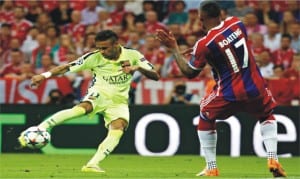 Barcelona’s Neymar scores his second goal against Bayern Munich in the Champions League semi-final second leg. 