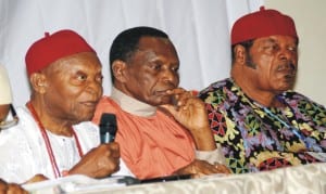 L-R: Chairman of the ocassion, retired Col. Joe Achuzia, Secretary-General, Lower Niger Congress, Mr Tony Nnadi and Congress’ President, Mr Fred Agbeyegbe at the presentation of Referendum on Self-Determination by the Lower Niger Congress in Port Harcourt, recently.