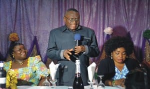 Chairman, Rivers State Civil Service Commission and Chairman of the occasion, Sir Ngo Martins-Yellowe, addressing participants during the send-forth of Rivers State Information and Communications Commissioner, Mrs Ibim Semenitari (left), in Port Harcourt, yesterday. With them is General Manager, Rivers State Broadcasting Corporation, Ms Medline Tador.Photo: Nwiueh Donatus Ken