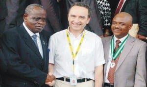L-R: Vice President, Institute of Chartered Accountants of Nigeria (Ican), Otunba Olufemi Deru; Managing Director, Nigerite Limited, Mr Frank Le-bris and Chairman, Ikeja district Society of Ican, Mr Seyi Ogunjobi, during their visit to Nigerite in Lagos recently. Photo: NAN
