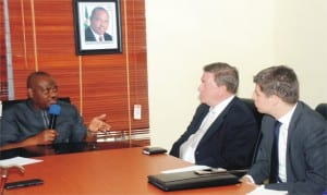 L-R: Rivers Governor-elect, Mr Nyesom Wike; Ambassador of Netherlands, Mr John Groffen And His Secretary, Mr Maurice Paulussen, during their courtesy visit to the Governor-elect on investment opportunities and business partnership with Rivers State, in Port Harcourt, recently.                    Photo: NAN