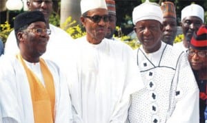 L-R: Chairman Arewa Consultative Forum, ACF, Alhaji Ibrahim Coomassie, President-elect, Muhammadu Buhari, Deputy National Chairman of ACF, Alhaji Liman Kwande and Secretary-General of ACF, Col. John Uba when ACF paid Buhari a courtesy visit at his Kaduna office, Monday. 