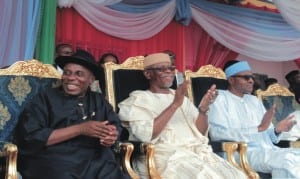 Governor of Rivers State, Rt Hon Chibuike Rotimi Amaechi ( left), with President-elect  Muhammadu Buhari (right) and   All Progressives Congress (APC) National Chairman, Chief John Oyegun, during a rally in Port Harcourt  before the general elections