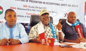 L-R: Deputy General Secretary, National Union of Textile Garment and Tailoring Workers of Nigeria, (Nutgtwn), Comrade Sylvester Chimeeze, Secretary General, Comrade Issa Aremu and National Treasurer, Comrade John Adaji, at a news conference to mark World Day for Occupational Health and Safety in Kaduna, recently.