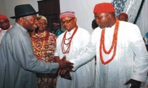 President Goodluck Jonathan (left), being received by leaders of Anioma Group, during their meeting with the President in Asaba recently.