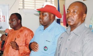 L-R: Newly elected chairman, Nigeria Labour Congress (NLC), Kaduna State Council, Ephraim James, Deputy Chairman, John Adaji and Treasurer, Danladi Yahaya, during the 11th NLC state delegates conference in Kaduna, recently.