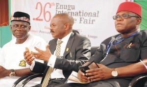 R-L: Representative of Acting Executive Chairman, Federal Inland Revenue service (firs), Mr Obri Ogar, President, Enugu Chamber of Commerce, Industry, Mines and Agriculture (eccima), Dr Ifeanyi Okoye and eccima vice President, works, Mr Nonye Osakwe, during firs special day  at the 26th eccima International Trade Fair in Enugu, recently.                   Photo: NAN