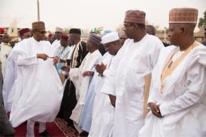 President Muhammadu Buhari (leftl), being received by Governors Kashim Shettima of Borno State, Ibrahim Geidam of Yobe  and Aminu Tambuwal of Sokoto states, during his arrival at the airport for a bilateral meeting with President Mahamadou Issoufuoin Niamey, Niger Republic, Wednesday.