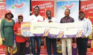 L-R: Communications and Engagement Manager, GSK Consumer Nigeria Plc, Ms. Bolaji Sanyaolu, Brand Manager, Ribena, Mr. Essien Ekemini, winners of N1million cash prize, Mr Tomide Fasade, Mr James Elukpo, Mr Jude Nwosu and Head of Sales, GSK Consumer Nigeria Plc, Mr Joseph Agwa, during the cheque presentation of the Lucozade Ribena Big Cash Giveaway Promo.