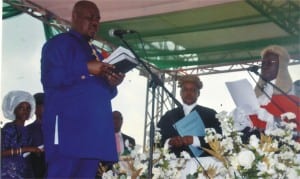 Rivers State Governor, Chief (Barr) Nyesom Wike taking oath of Allegiance, during the swearing-in ceremony at Liberation Stadium, last Friday.                                                                             Photo: Chris Monyanaga