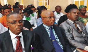 R-L: Director of Finance, Federal Radio Corpoaration of Nigeria (Frcn), Pastor Michael Oluwole; Executive Director, News Agency of Nigeria (Nan), Mr Isaac Ighure and Chaplain, Frcn, Pastor Emmanuel Zakari, at a Thanksgiving Service for peaceful conduct of 2015 General Elections by parastatals of the Ministry of Information Abuja recently.
