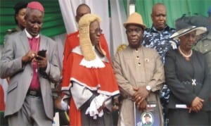 R-L:Justice Daisy Okocha, Chief Judge of Bayelsa State, Justice Kate Abiri and her husband, Mr Abiri, Bishop Elkanah Hanson at the swearing-in of Governor of Rivers State, Chief Barrister Nyesom Wike at the Liberation Stadium, Port Harcourt,Friday