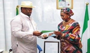 Former Deputy Governor of Rivers State, Engr Tele Ikuru (left), handing over to his successor, Dr. (Mrs) Ipalibo Banigo at Government House, Port Harcourt last Thursday.