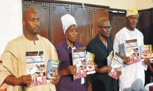 L-R: Executive Director, Refocusing Nigerians Talents Organisation, Mr Abanka Musa; Mrs Olowu Esther;  members, Refocusing Nigerians Talents Organisation, Dr Ayotunde Kehnde and retired Col. Henry Ikoghode, presenting  Books and Magazines  on Strategic Advocacy and Promotions of Indigenous Inventors/Innovations for Wealth/Job Creation in Nigeria in Abuja recently.