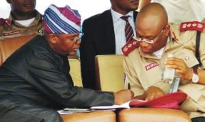 Commissioner for Transport, Lagos State, Mr Kayode Opeifa and Corps Marshal, Federal Road Ssafety Corps (frsc), Mr Boboye Oyeyemi, at the joint Lagos mega rally on enduring safe road culture in Lagos, recently.                      Photo: NAN