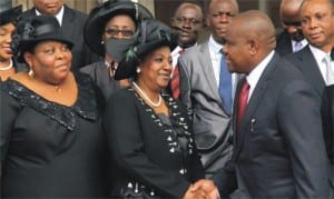 Rivers State Governor, Chief (Barr) Nyesom Wike (right), congratulating the new Acting Chief Judge of the state, Justice Daisy Okocha (middle), after her swearing-in in Port Harcourt on Monday. With them are the new Acting President of the Customary Court of Appeal, Rivers State, Justice Christy Gabriel-Nwankwo (left), and other judicial officers