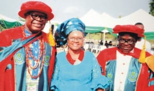 L-R:  Prof. Chiweyite Ejike and wife, Nwakaego with Catholic Bishop of Sokoto Diocese, Bishop Hassan Mathew-Kukah, during a reception for the award of Honorary Doctor of Science by Ebonyi State University to the Professor in Abakaliki recently