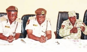 L-R: Comptroller of Immigration, Bayalsa State Command, Mr Wunti Sule, Assistant Comptroller-General, Zone G, Mr Emmanuel Guuga and Zonal Comptroller, Benin City, Mr Nbesis Jacob, at the Interactive session by Nigeria Immigration Service, Bayelsa Command, in Yenagoa last Monday.