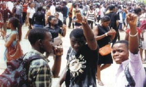 Students besieging the JAMB office in Port Harcourt.                                                                        Photo: Egberi A. Sampson