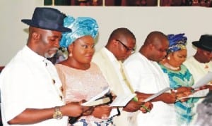 Members of Bayelsa State House of Assembly take oath of office at  their inauguration in Amarata, Yenagoa, recently.
