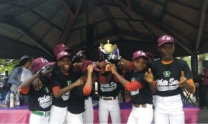 The Lagos State U-12 Baseball and Soft-ball team celebratng with their trophy, yesterday in Port Harcourt.