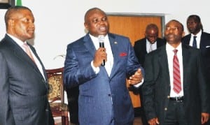 L-R: President, Dangote Group, Alhaji Aliko Dangote, Governor Akinwumi   Ambode of Lagos State and Permanent Secretary, Lagos State Ministry of Justice, Mr Lawal Pedro, during Dangote’s courtesy visit to the Governor in Lagos, recently.