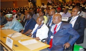 L-R: President, Trade Union Congress, Mr Boboi Kaigama;President, Nigeria Labour Congress, Mr Ayuba Wabba, Project Director, Nigeria Employers Consultative Association, Mrs Helen Jemerigbe and leader of the Nigerian delegation, Dr Clement Illoh,  at the 104th International Labour Conference in Geneva, Switzerland, last Wednesday. 