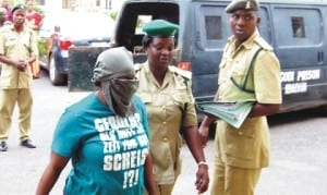 One of the suspects involved in the N8 billion CBN and other banks fraud arriving the court for hearing in her bail application, in Ibadan, yesterday