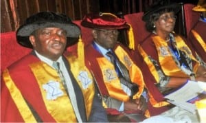 L-R: Guest Speaker,  Prof. Joseph Ojo, President,  Nigerian Academy of Engineering, Prof. Isola Salawu and Vice-President, Mrs Johanah Maduka, at Nigerian Academy of Engineers Annual Lecture in Lagos, yesterday.