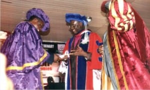 L-R: Primate Metropolitan, Church of Nigeria, Most Rev Nicholas Okoh; Archbishop, Province of Niger Delta and Bishop, Diocese of Niger Delta North, Most Rev (Dr) Ignatius Crosby Ogboru Kattey (JP) and Registrar Crowther Graduate Theological Seminiary, Church of Nigeria (Anglican Communion), Abeokuta, Ven Kaine Nwashili, during the conferment of honorary Doctorate Degree on Archbishop Kattey, recently.