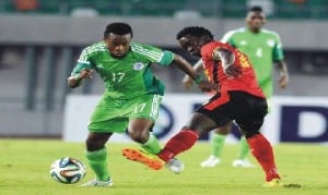 Super Eagles Orazi Ogenyi (17) in tussle with an opponent. He is set to anchor the team’s midfield against Chad tomorrow.
