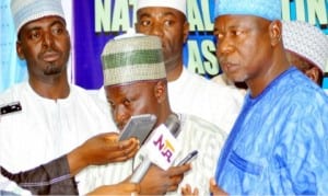 R-L: Interim President, Motor Dealers Association of Nigeria (MDAN), Alhaji Ibrahim Bello, the Chairman, Northern Zone, Mr Rotimi Fabiyi and the interim National Secretary, Malam Suleiman Kato, at the national meeting of the association in Kaduna, on Sunday.