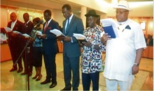 New Secretary to Rivers State Government, Chief Kenneth Kobani (right), Chief of Staff, Government House, Engr Emeka Woke (2nd right) and newly appointed state commissioners, taking their oath of office in Port Harcourt, last Friday