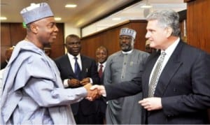 Senate President Bukola Saraki (left)  welcoming the  British High Commissioner, Mr Andrew Pocock who paid him a courtesy visit  in Abuja  last  Friday .With them are Deputy Senate President Ike Ekweremadu (2nd left) and Sen. Dino Melaye.