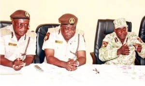 L-R: Comptroller of Immigration, Bayelsa Command, Mr Wunti Sule; Assistant Comptroller-General, Zone G, Mr Emmanuel Guuga and Zonal Comptroller, Benin-city, Mr Nbesis Jacob, at an interactive session by Nigeria Immigration Service, Bayelsa Command, in Yenagoa, last Monday