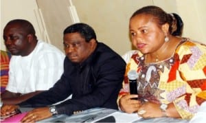 L-R:  Senior Assistant General Secretary, Warri Zonal Council, NUPENG, Mr  Otite Onohwowho; member, National stakeholders working group of Nigeria Extractive  Industries Transparency Initiative (NEITI), Mr Bassey Ekefre and Chairperson, Neiti Civil Society Steering Committee, Ms Nwadishi Faith, at the NEITI Civil Society Steering Committee news conference on State of extractive sector in Nigeria, last Friday .